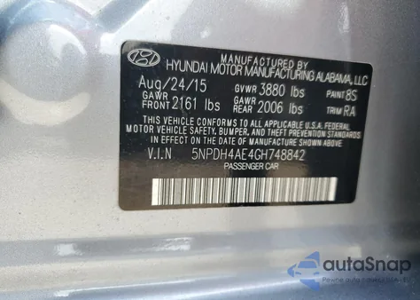 2016 Hyundai Elantra Se from USA, damaged, VIN 5NPDH4AE4GH748842